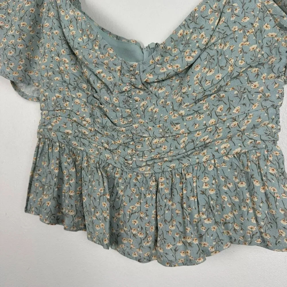 ASTR The Label Blue Ditsy Floral Cropped Peplum Ruched Top Puff Sleeve Size S